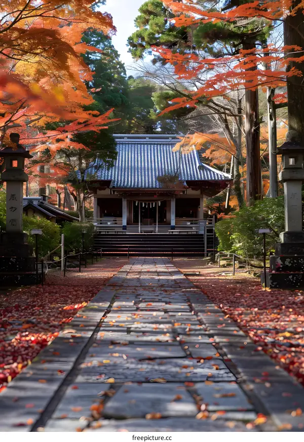 Stone Pathway to a Japanese Shrine in Autumn