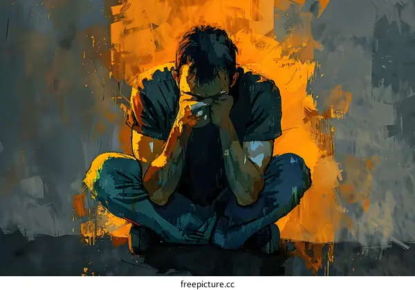 A man is sitting on the floor with his head in his hands