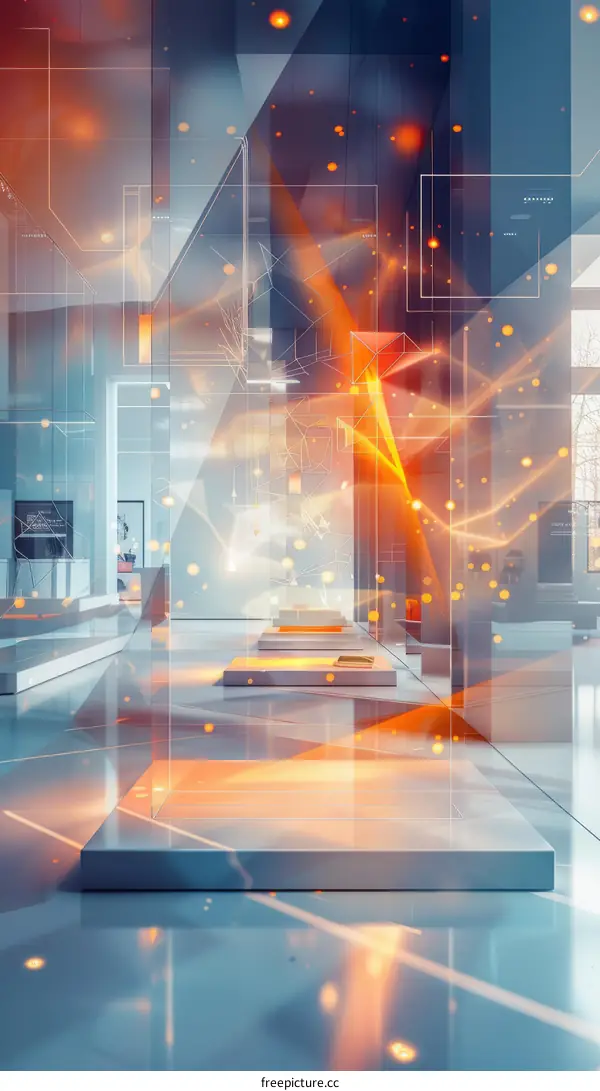 Futuristic museum interior with glowing orange light and geometric shapes