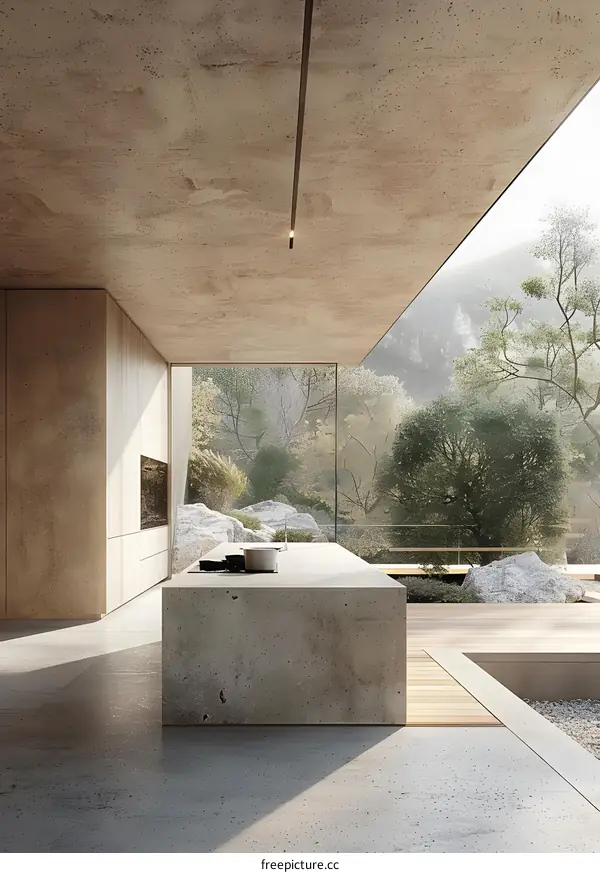 Modern Minimalist Kitchen Design With Concrete Countertop And View Of Nature