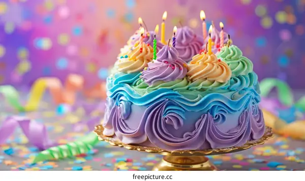Rainbow Birthday Cake With Lit Candles