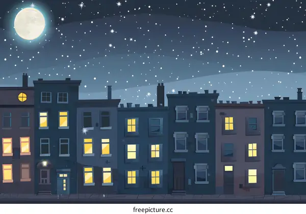 Night View of a City with Stars and Moon