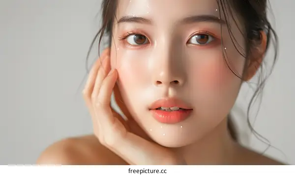 Portrait of a Young Woman with Clear Skin and Long Brown Hair