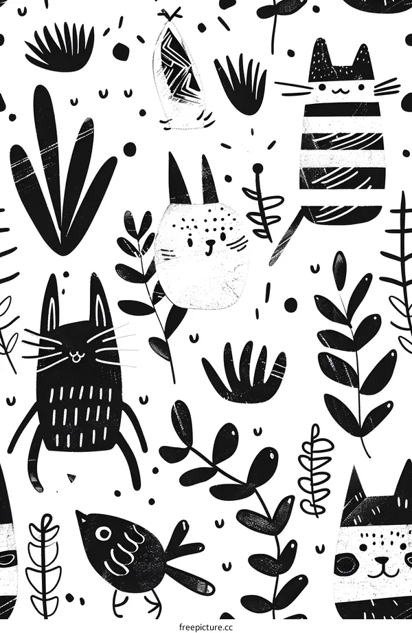 Black and White Seamless Pattern with Cats, Birds, and Plants