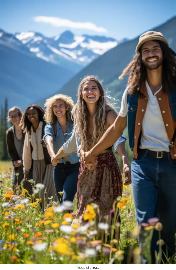 A group of diverse friends walking through a field of flowers, holding hands and smiling