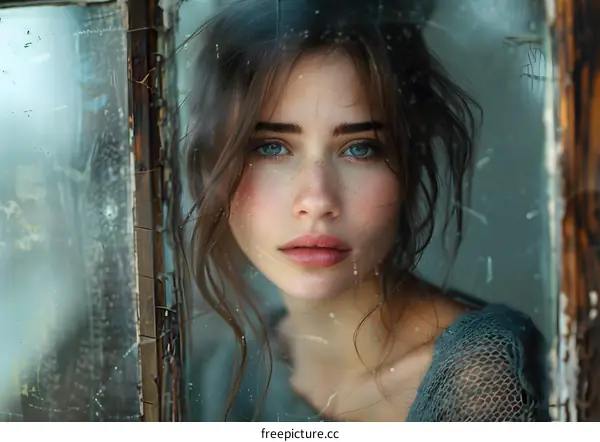 portrait of a beautiful woman looking through a dirty window