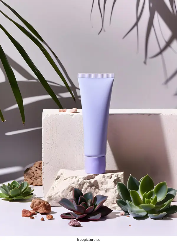 Cosmetic tube on a stone podium with succulents