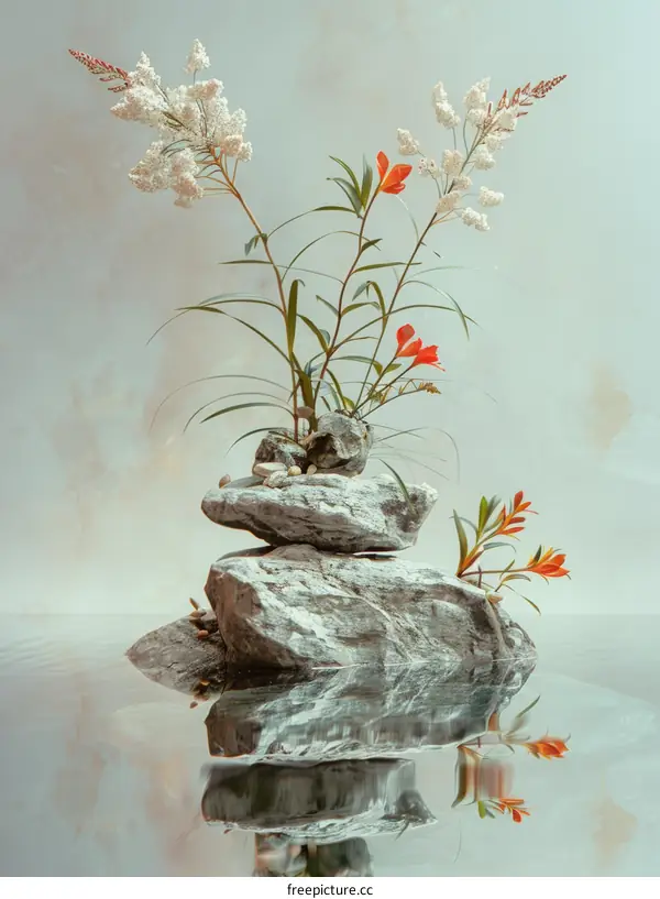 Zen Garden with Orange and White Flowers on Stacked Stones