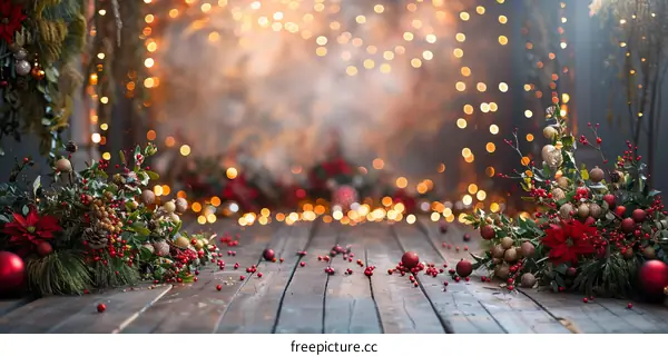 Christmas decorations with red and gold ornaments on a wooden background