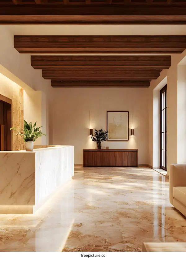 Modern Interior Design with Wooden Beams and Marble Flooring