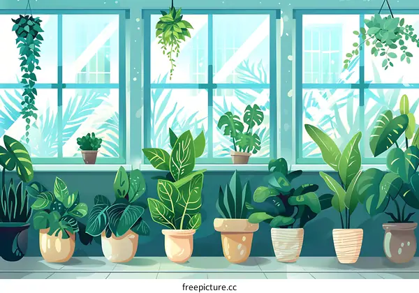 Window With Green Plants In Pots