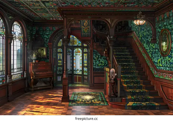 Vintage Interior Design with Stained Glass Windows and Staircase
