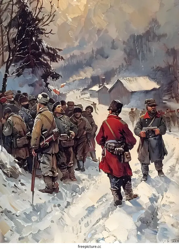 A group of soldiers in winter gear standing in a snowy forest