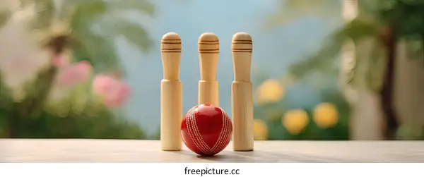 Cricket Wickets and Ball on a Table Outdoor Scene