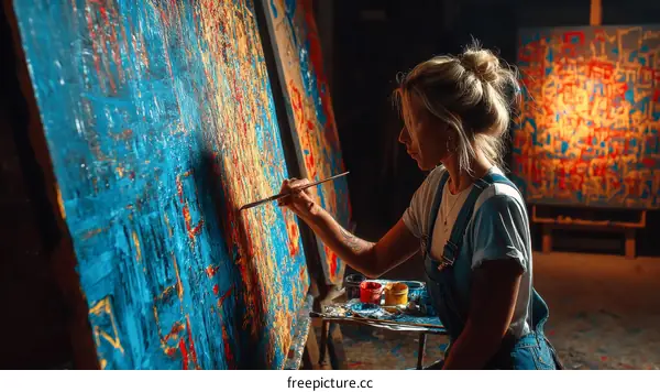 Artist Painting a Colorful Abstract Painting