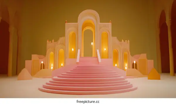 Abstract Minimalist Architecture with Pink Staircase and Golden Lights