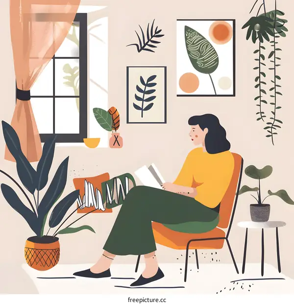 Woman Reading in a Cozy Room with Plants