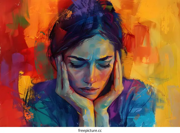 A woman with colorful face paint holds her head in her hands and looks down with eyes closed