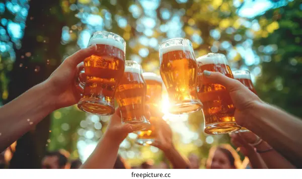 People celebrating with beer glasses at a festival
