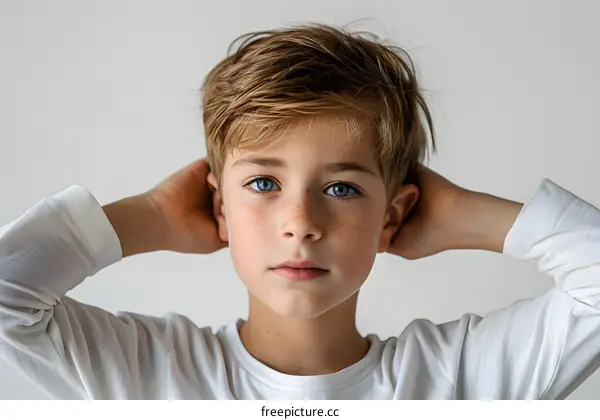 Portrait of a boy with freckles and blue eyes