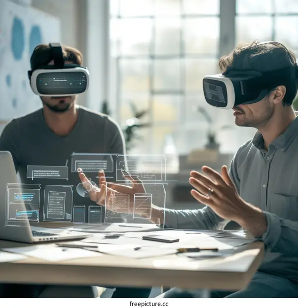 Two male software engineers wearing virtual reality headsets work together on a project