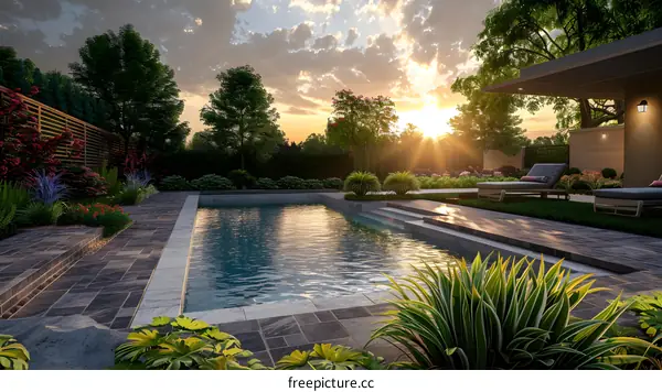 Sunset View of a Swimming Pool with Lush Greenery
