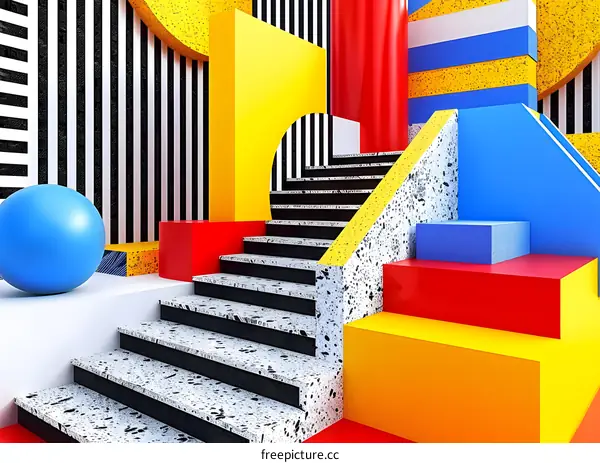 Abstract Geometric Shapes with Stairs and Blue Ball