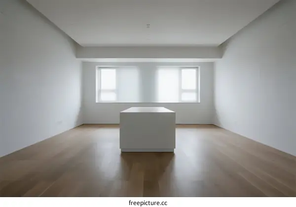 Empty room with white walls and wooden floor and central white structure