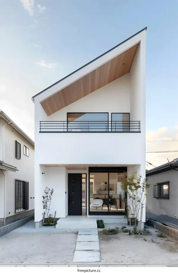 Modern White House with Wooden Roof and Black Windows