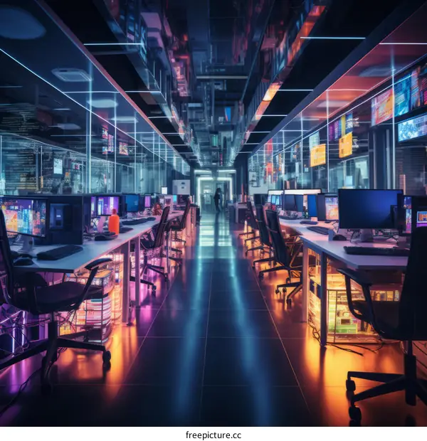 Futuristic Technology Office Room With Glass Walls And Colorful Neon Lights