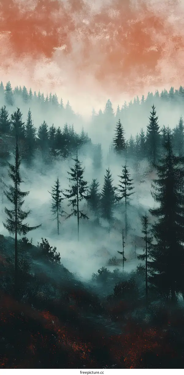 Foggy Forest Landscape with Red Sky