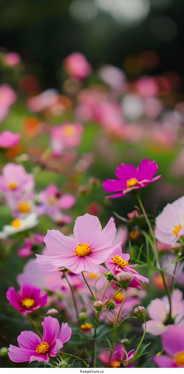 Pink Cosmos Flowers in a Field