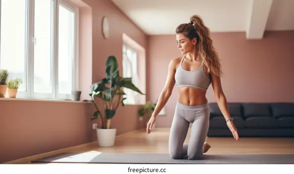 Young woman practicing yoga in a modern living room