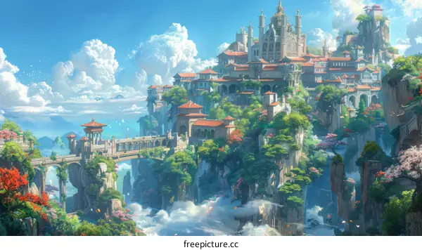 fantasy floating city with bridges and waterfalls