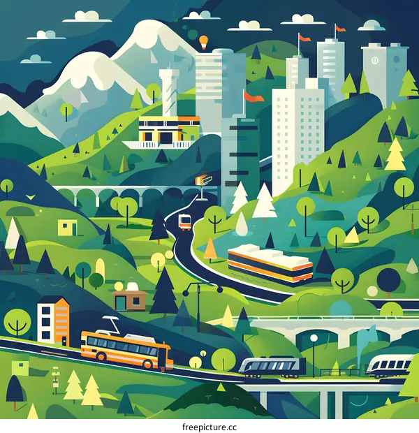 Cityscape with Mountains and Lush Greenery in Flat Design Style