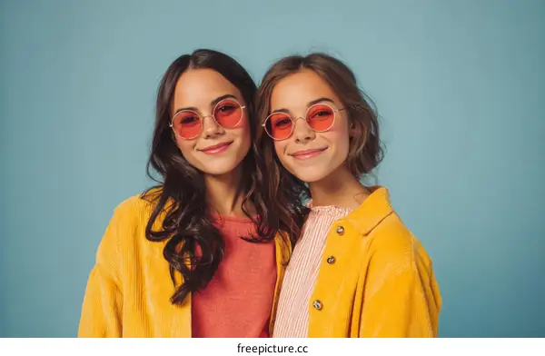 Two Teenage Girls Wearing Trendy Sunglasses and Yellow Jackets