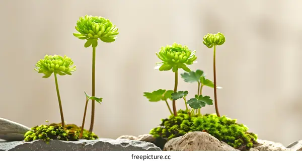 Green Plants Growing On Rocks With Moss