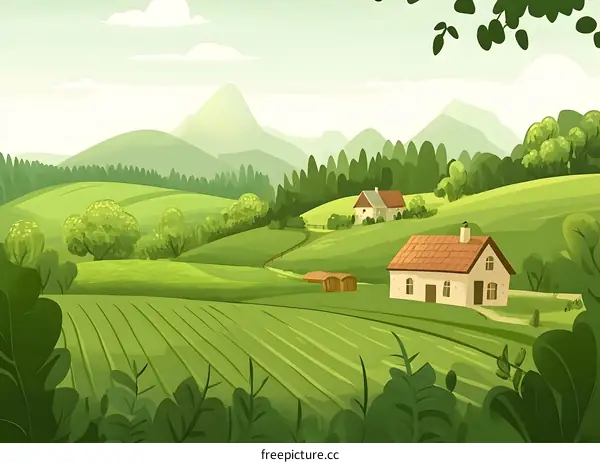 Green Hills and Farmhouses in a Countryside Landscape Illustration