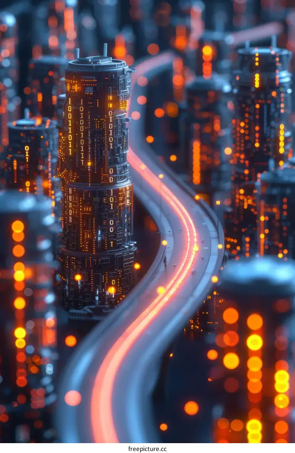 Futuristic city illustration with glowing lights and a road in the center