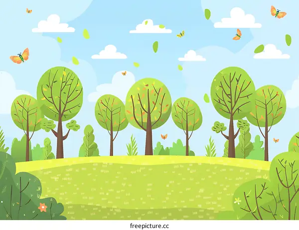 Cartoon Illustration Of A Spring Landscape With Green Trees And Butterflies