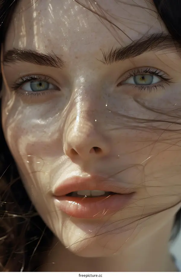 Close Up Portrait of Woman with Freckles and Blue Eyes