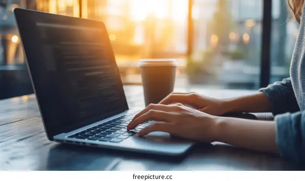 Working on Laptop in Cafe at Sunrise