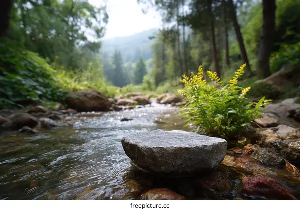 Serene Mountain Stream with Rocks and Plants
