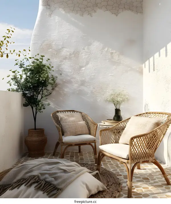 Minimalist Balcony Design with Rattan Chairs and White Wall
