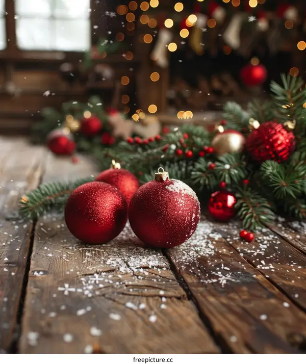 Red Christmas Ornaments on Wooden Table with Snowy Fir Branch