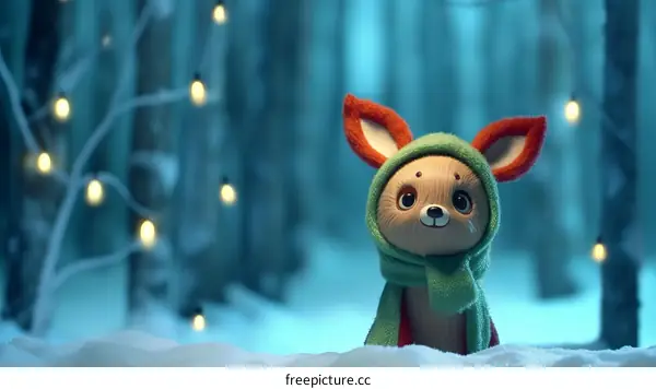 Adorable Cartoon Critter with Green Hood and Red Scarf in Snowy Forest