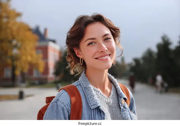Smiling Woman in Campus Environment