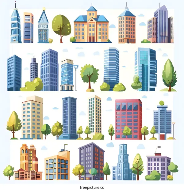 Cartoon City Buildings Set Flat Design Illustration