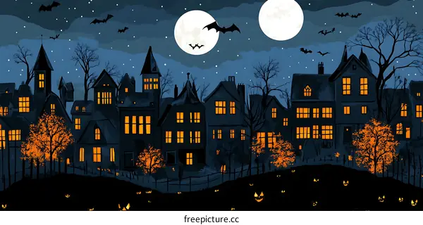 Spooky Halloween Night Village Illustration