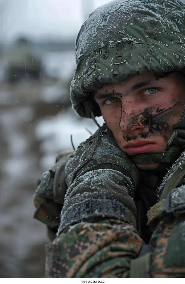 A soldier wearing a camouflage helmet and a flak jacket is looking at the camera with a serious expression on his face. His face is covered in mud and he has a small cut on his nose.
